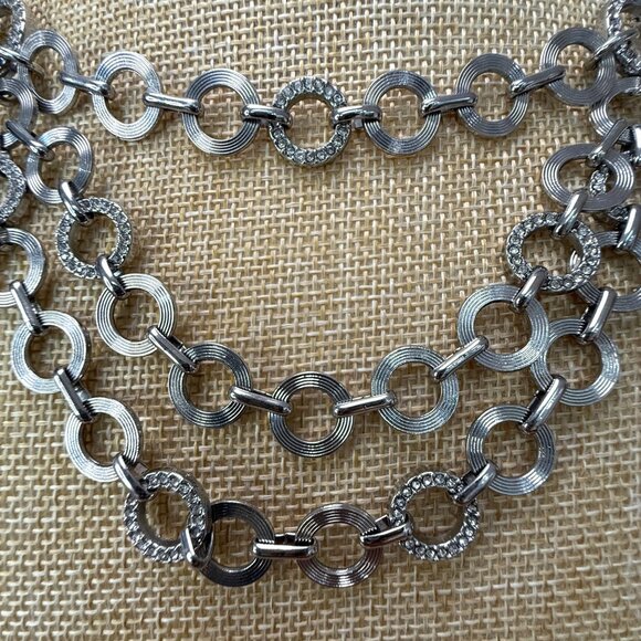 Loft Three-Layer Silver-Tone Necklace With Circular Links & Rhinestone Accents - Picture 4 of 12